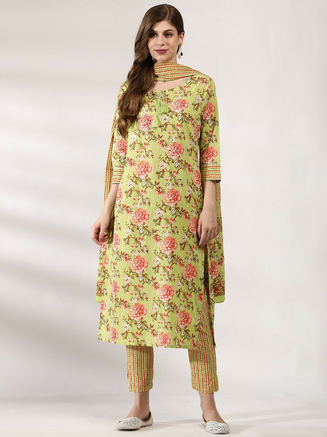 Women’s Green Floral Embroidered Cotton Kurta Set with Trousers & Dupatta | IndiaIsta