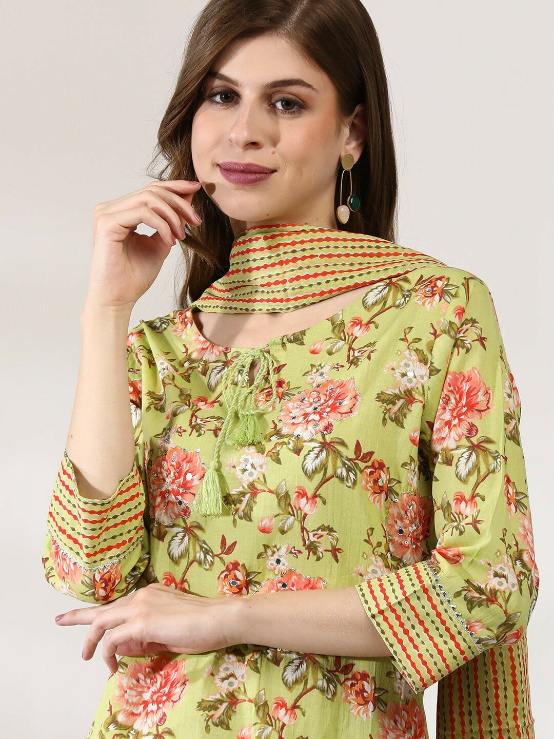 Women’s Green Floral Embroidered Cotton Kurta Set with Trousers & Dupatta | IndiaIsta