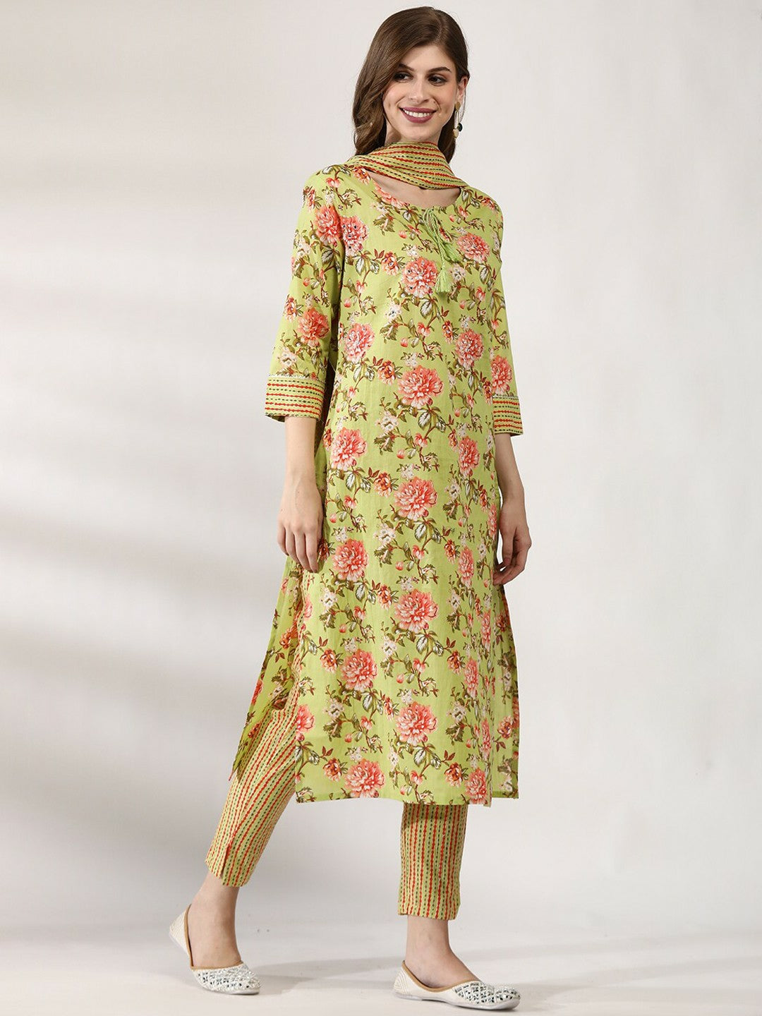 Women’s Green Floral Embroidered Cotton Kurta Set with Trousers & Dupatta | IndiaIsta