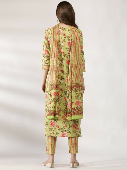 Women’s Green Floral Embroidered Cotton Kurta Set with Trousers & Dupatta | IndiaIsta