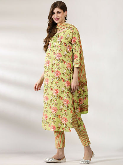 Women’s Green Floral Embroidered Cotton Kurta Set with Trousers & Dupatta | IndiaIsta