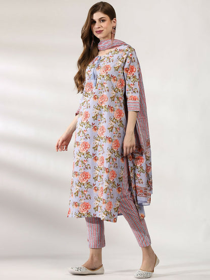 Women’s Floral Printed Pure Cotton Kurta Set with Trousers & Dupatta - Purple | Indiaista