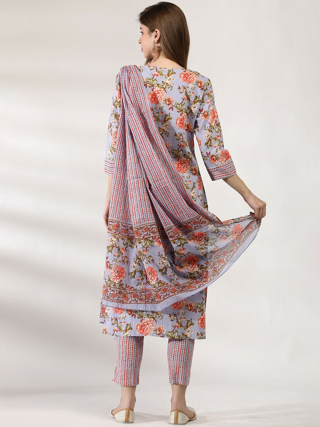 Women’s Floral Printed Pure Cotton Kurta Set with Trousers & Dupatta - Purple | Indiaista