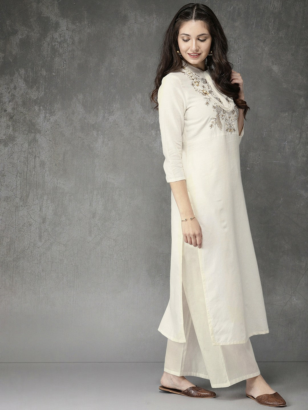 Buy Women’s Cream-Coloured Embroidered Kurta with Palazzos | Stylish & Comfortable Kurta Set – IndiaIsta