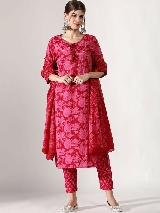 Women’s V-Neck Floral Printed Pure Cotton Kurta Set with Trousers & Dupatta | Indiaista