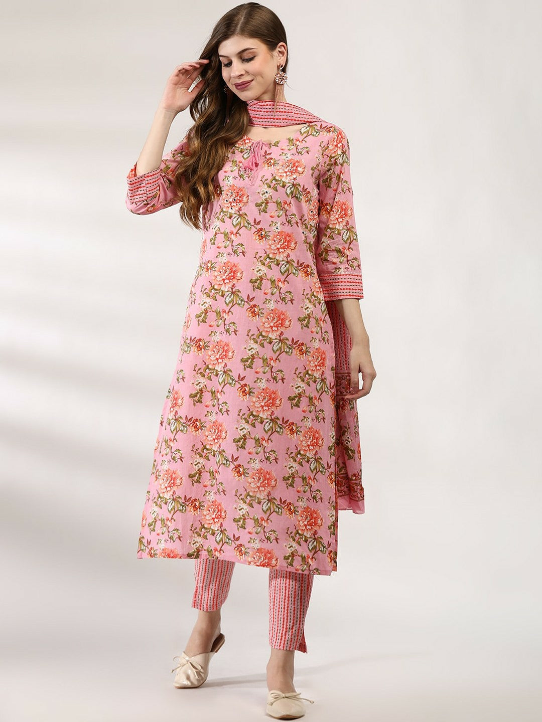 Women Floral Printed Pure Cotton Kurta Set with Trousers & Dupatta - Peach | IndiaIsta