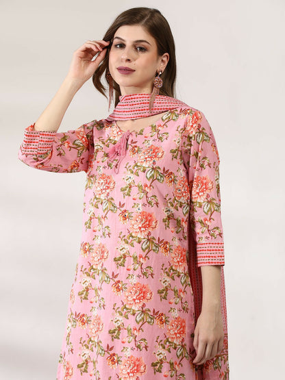 Women Floral Printed Pure Cotton Kurta Set with Trousers & Dupatta - Peach | IndiaIsta