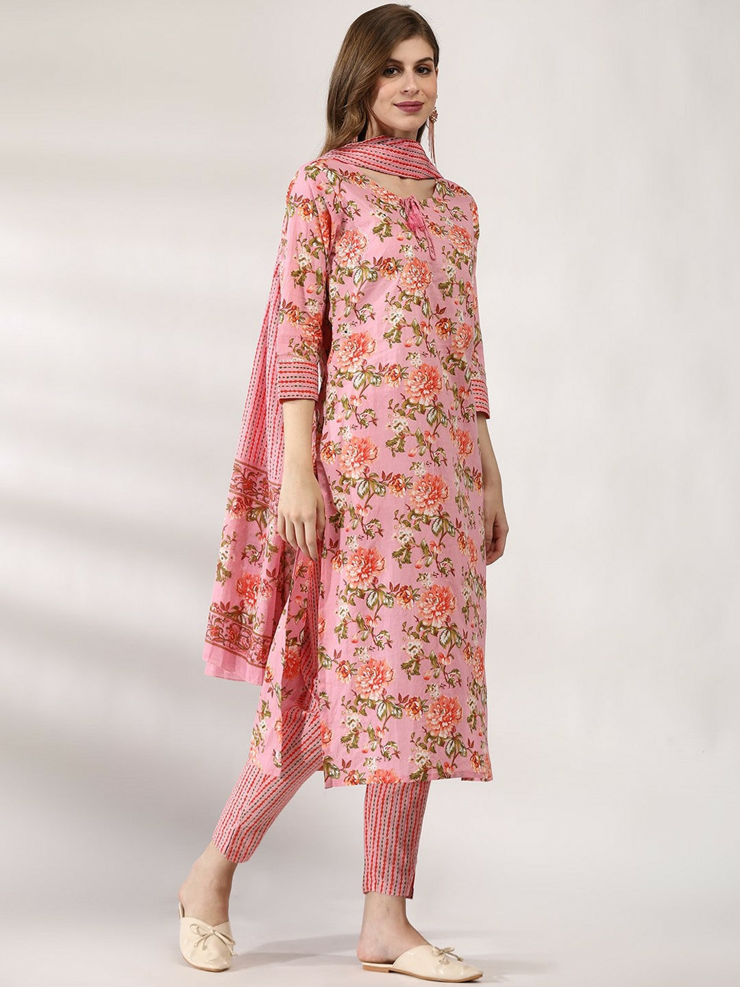 Women Floral Printed Pure Cotton Kurta Set with Trousers & Dupatta - Peach | IndiaIsta