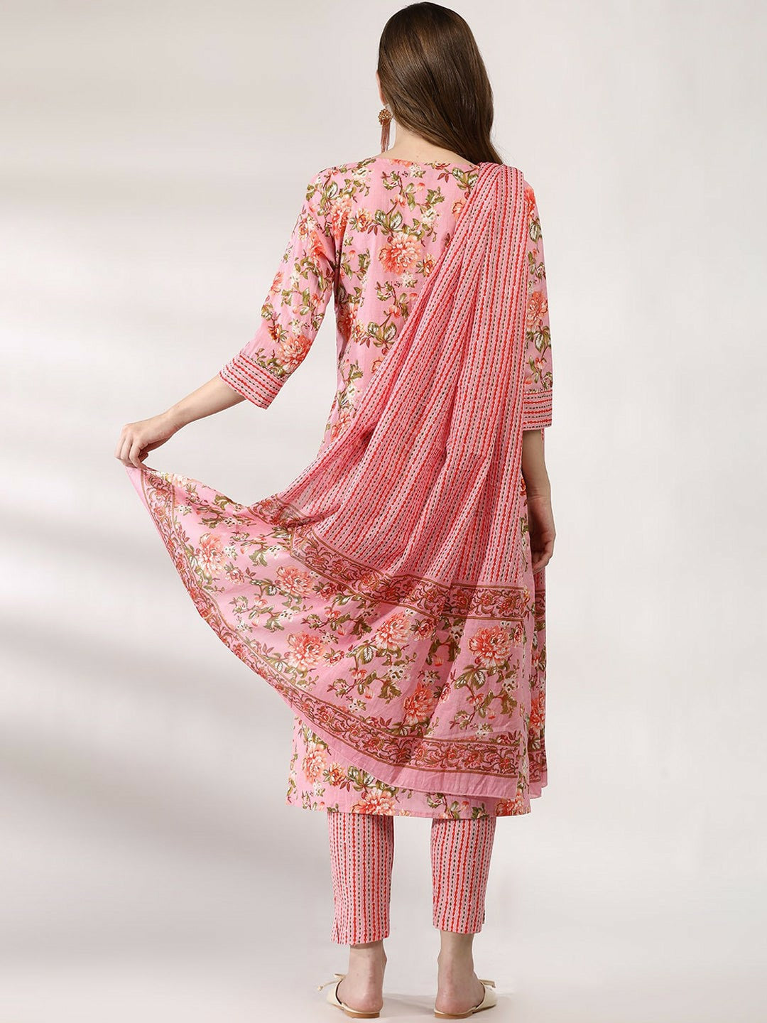 Women Floral Printed Pure Cotton Kurta Set with Trousers & Dupatta - Peach | IndiaIsta