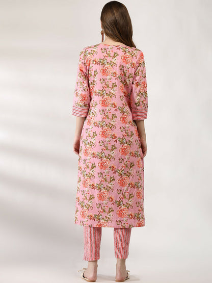 Women Floral Printed Pure Cotton Kurta Set with Trousers & Dupatta - Peach | IndiaIsta