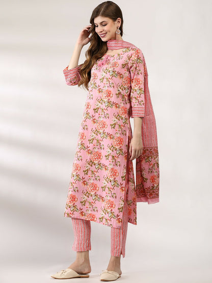 Women Floral Printed Pure Cotton Kurta Set with Trousers & Dupatta - Peach | IndiaIsta