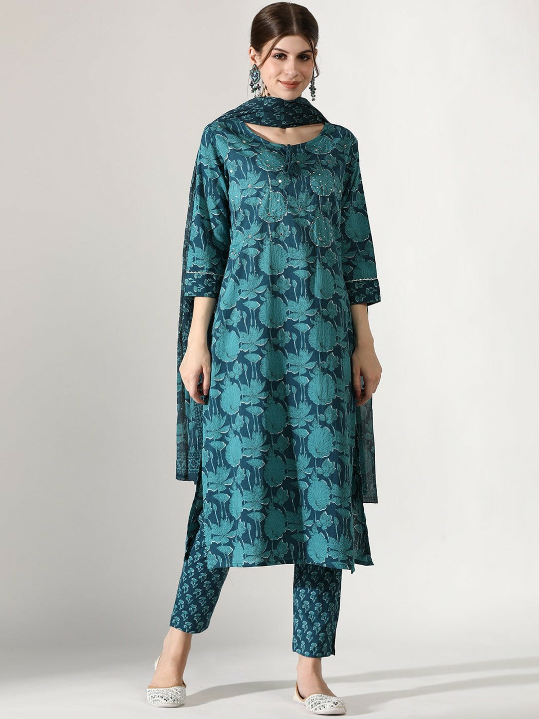 Buy Women’s Teal Floral Printed Cotton Kurta Set with Trousers & Dupatta | Thread Work & Tie-Up Neck - Indiaista