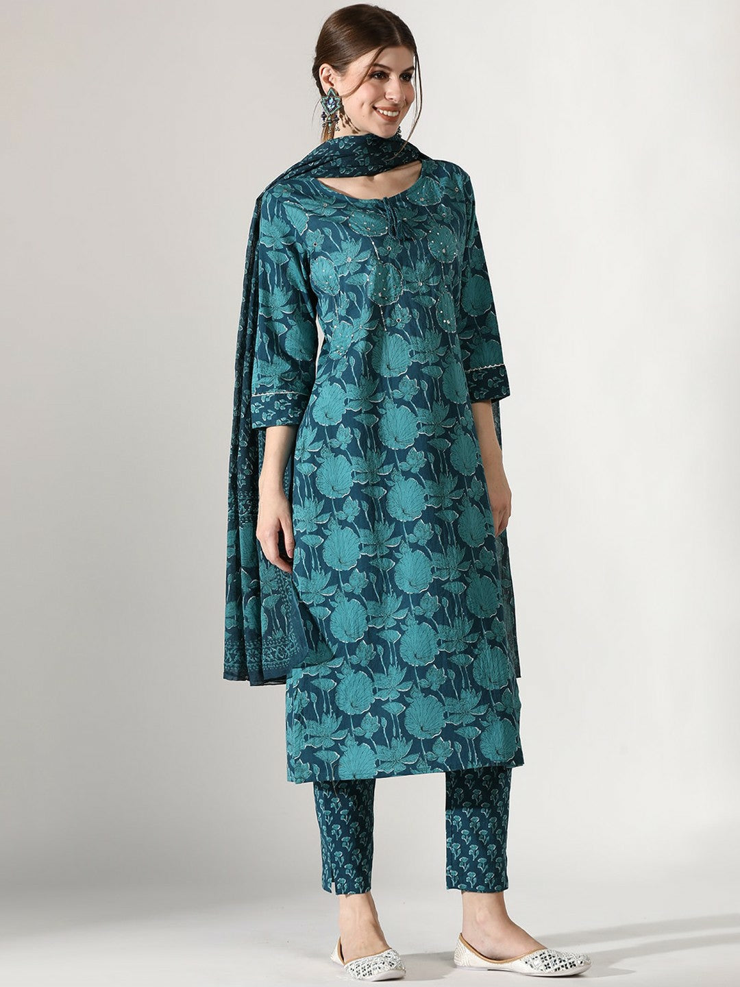 Buy Women’s Teal Floral Printed Cotton Kurta Set with Trousers & Dupatta | Thread Work & Tie-Up Neck - Indiaista