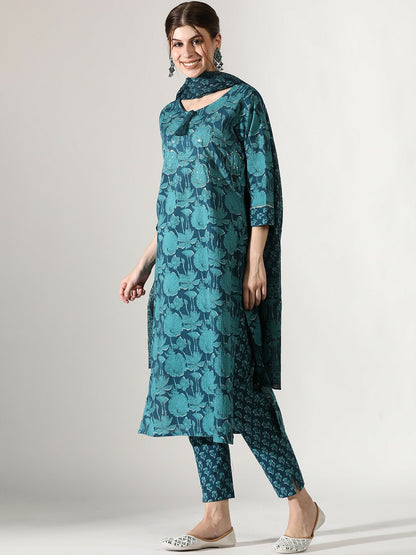 Buy Women’s Teal Floral Printed Cotton Kurta Set with Trousers & Dupatta | Thread Work & Tie-Up Neck - Indiaista