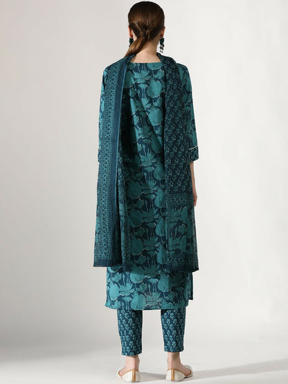 Buy Women’s Teal Floral Printed Cotton Kurta Set with Trousers & Dupatta | Thread Work & Tie-Up Neck - Indiaista