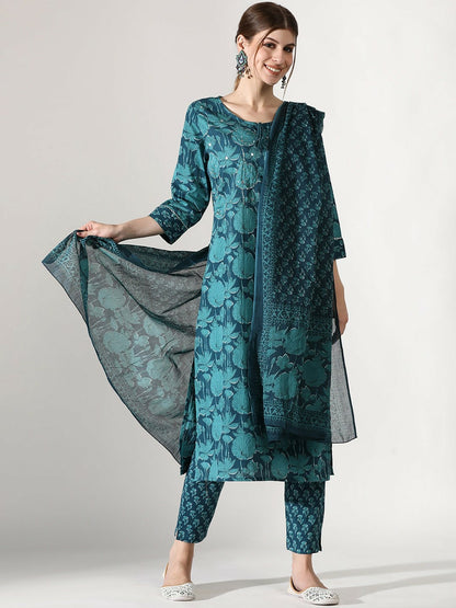 Buy Women’s Teal Floral Printed Cotton Kurta Set with Trousers & Dupatta | Thread Work & Tie-Up Neck - Indiaista