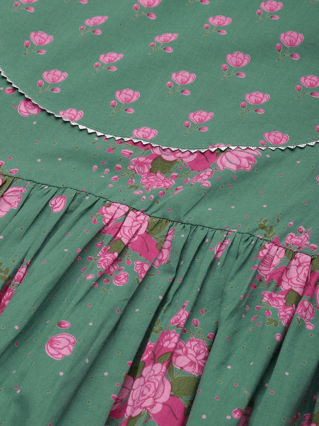 Women’s Green & Pink Floral Printed Cotton Kurta Set with Palazzos & Dupatta - Indiaista