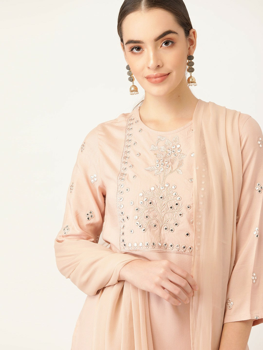 Women Peach-Coloured Yoke Design Mirror-Work Kurta Set with Palazzos & Dupatta | Indiaista