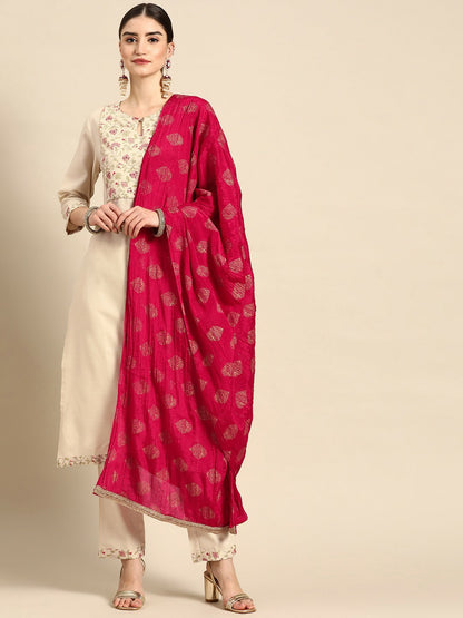 Women’s Off White & Pink Ethnic Motifs Yoke Design Kurta Set with Trousers & Dupatta | Indiaista