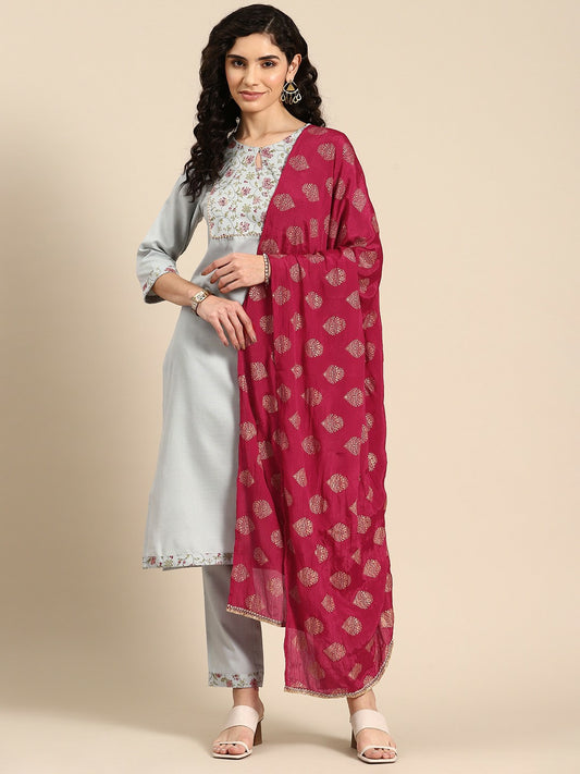 Women’s Floral Yoke Design Gotta Patti Kurta Set with Trousers & Dupatta - Blue | Indiaista