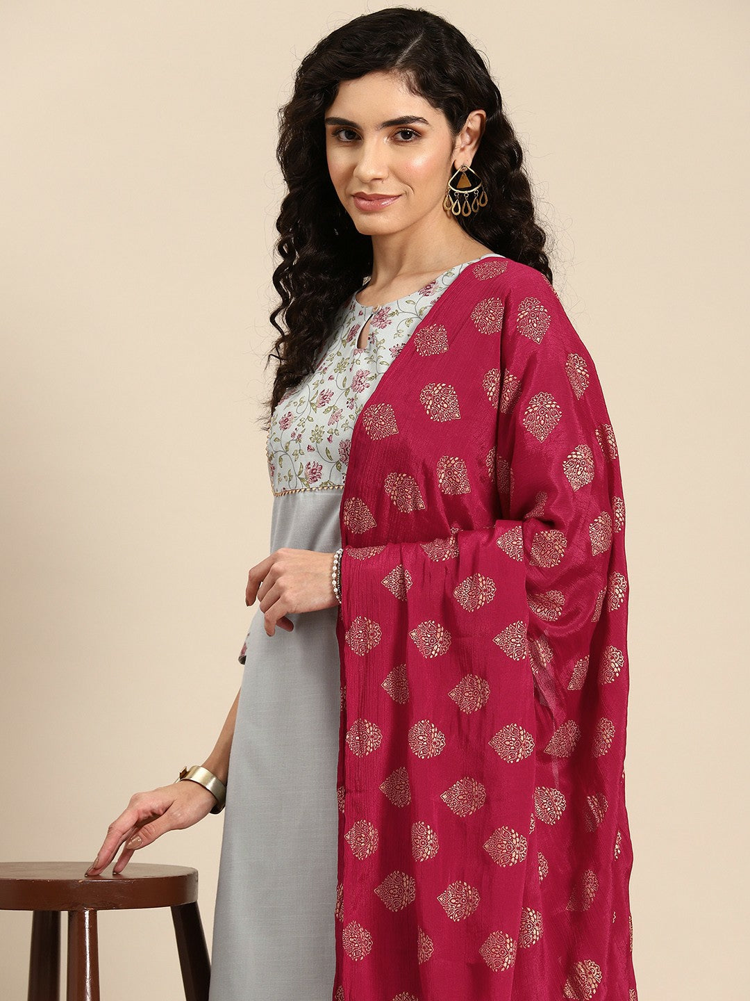 Women’s Floral Yoke Design Gotta Patti Kurta Set with Trousers & Dupatta - Blue | Indiaista