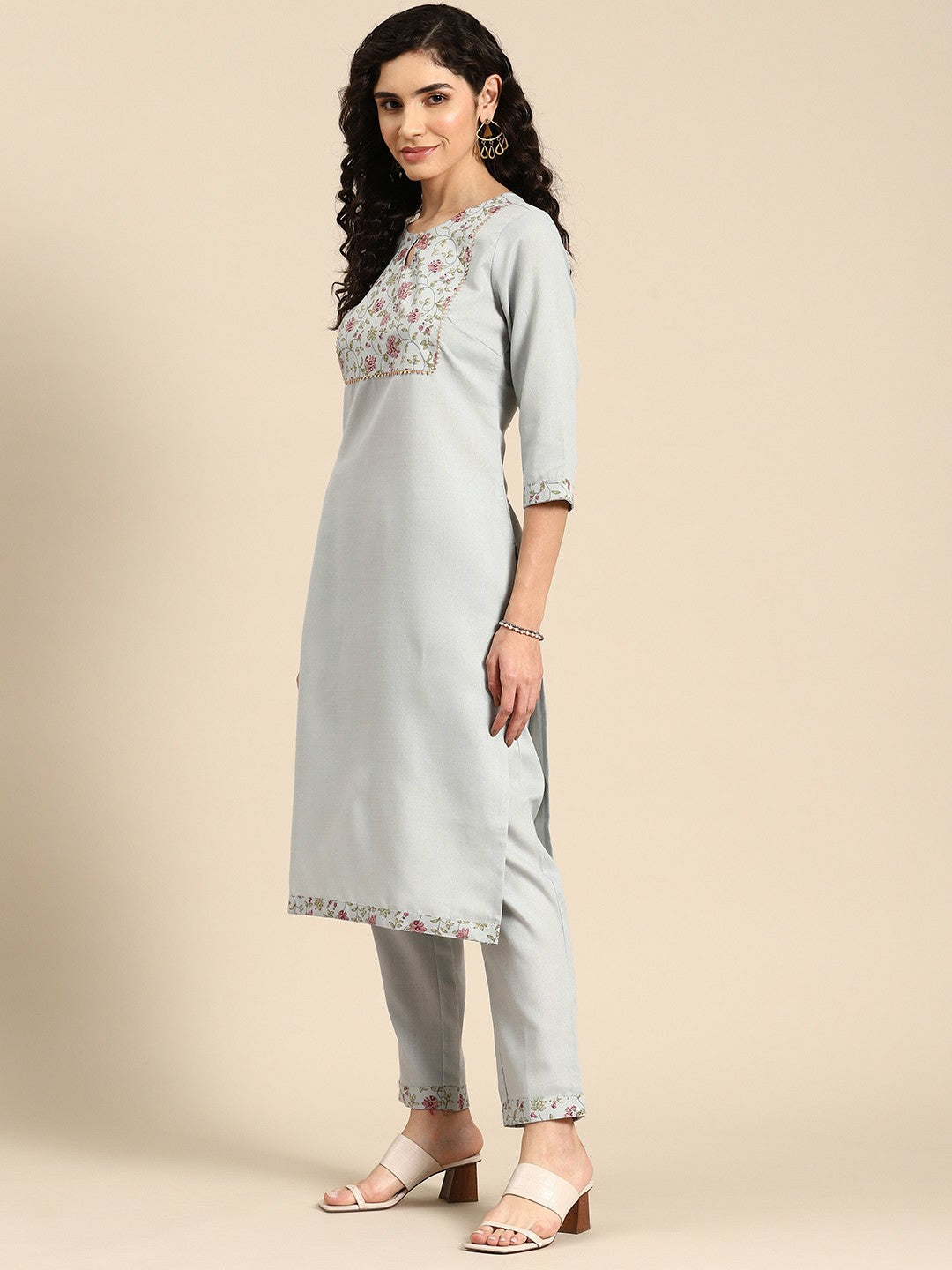 Women’s Floral Yoke Design Gotta Patti Kurta Set with Trousers & Dupatta - Blue | Indiaista