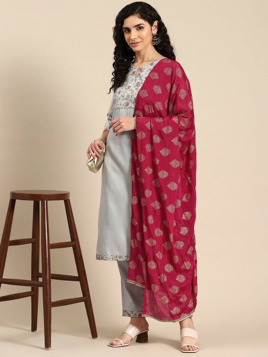 Women’s Floral Yoke Design Gotta Patti Kurta Set with Trousers & Dupatta - Blue | Indiaista