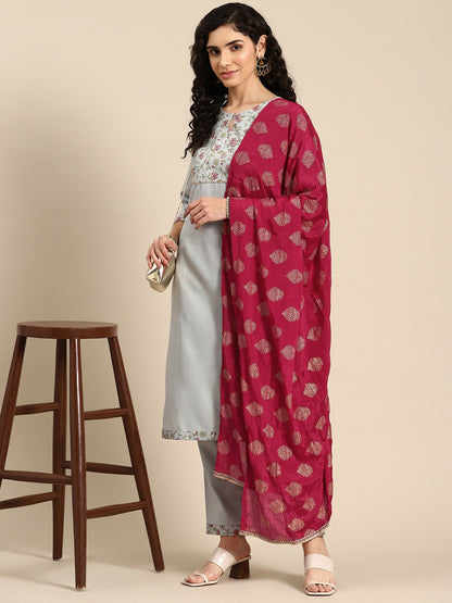 Women’s Floral Yoke Design Gotta Patti Kurta Set with Trousers & Dupatta - Blue | Indiaista