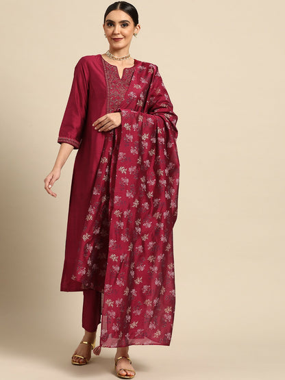 Women’s Red Yoke Design Kurta with Palazzos & Dupatta Set | Elegant Art Silk Ethnic Wear