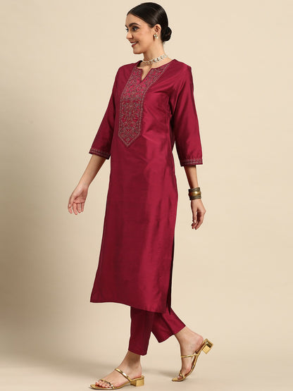 Women’s Red Yoke Design Kurta with Palazzos & Dupatta Set | Elegant Art Silk Ethnic Wear