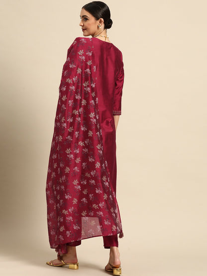 Women’s Red Yoke Design Kurta with Palazzos & Dupatta Set | Elegant Art Silk Ethnic Wear