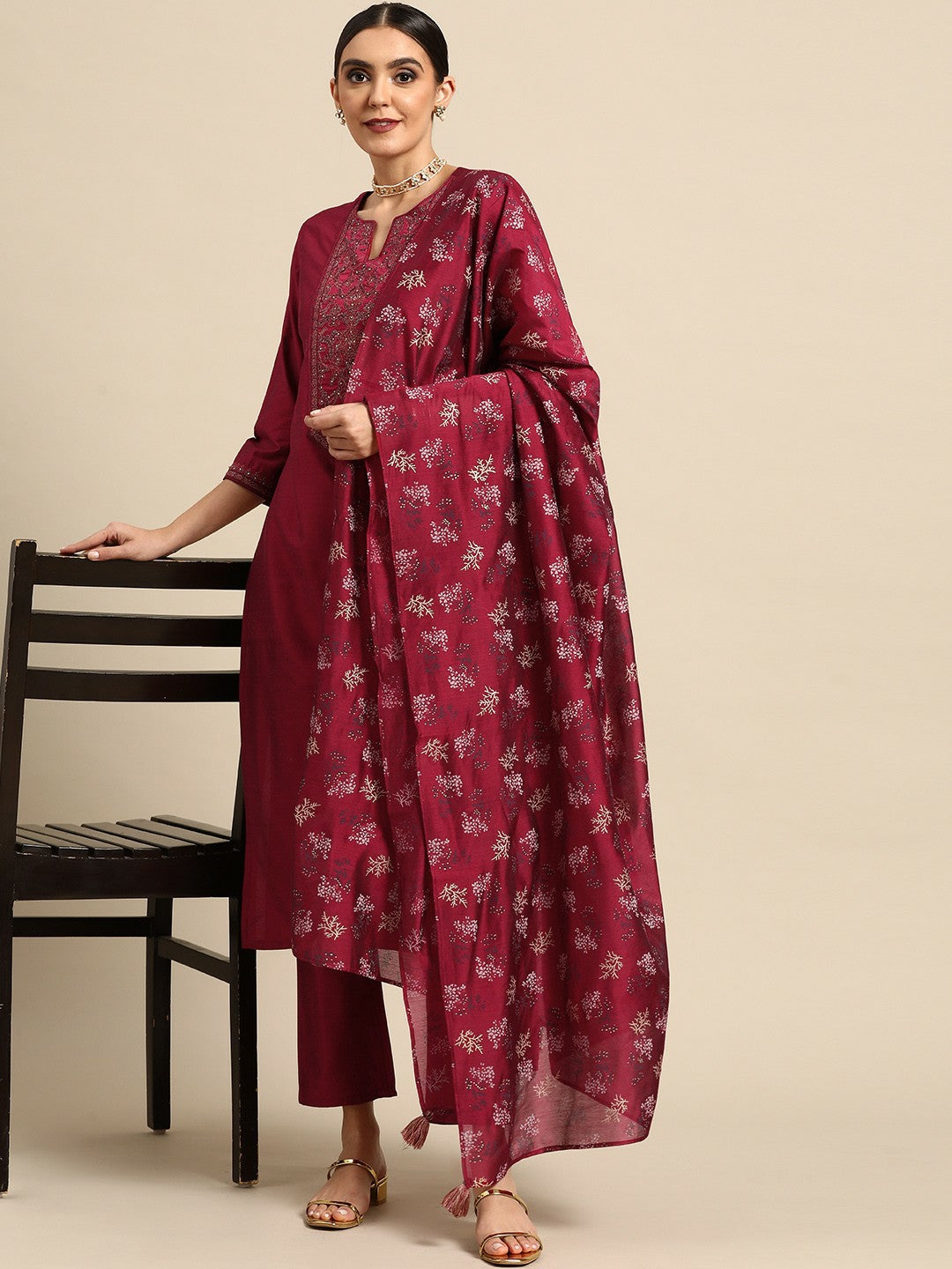 Women’s Red Yoke Design Kurta with Palazzos & Dupatta Set | Elegant Art Silk Ethnic Wear