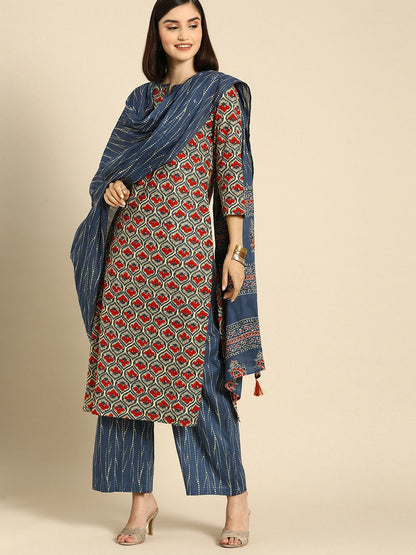 Women’s Blue Ethnic Motifs Cotton Kurta Set with Palazzos & Dupatta - Indiaista