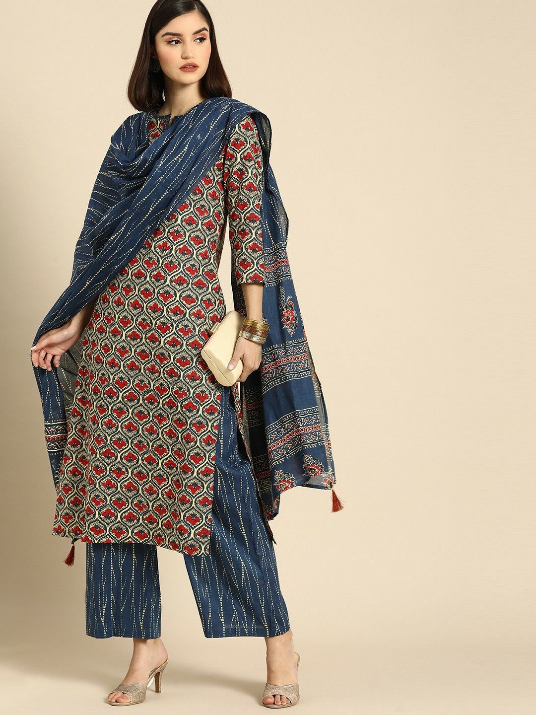 Women’s Blue Ethnic Motifs Cotton Kurta Set with Palazzos & Dupatta - Indiaista