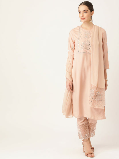 Women Peach-Coloured Yoke Design Mirror-Work Kurta Set with Palazzos & Dupatta | Indiaista