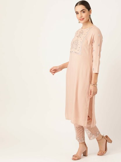 Women Peach-Coloured Yoke Design Mirror-Work Kurta Set with Palazzos & Dupatta | Indiaista