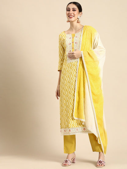 Women’s Yellow Ethnic Motifs Embroidered Pure Cotton Kurta Set with Salwar & Dupatta - Indiaista