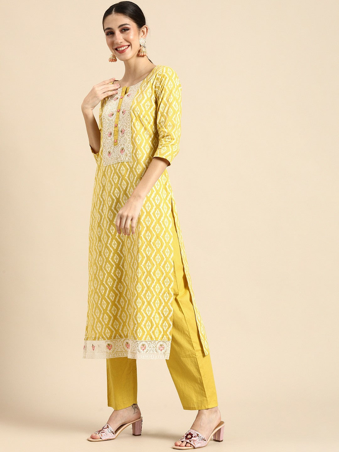 Women’s Yellow Ethnic Motifs Embroidered Pure Cotton Kurta Set with Salwar & Dupatta - Indiaista