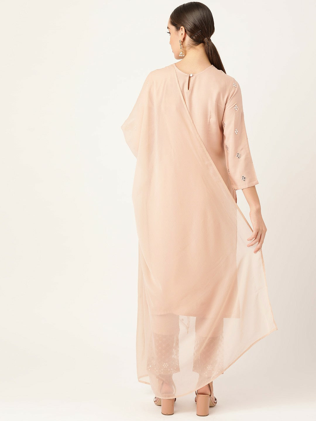 Women Peach-Coloured Yoke Design Mirror-Work Kurta Set with Palazzos & Dupatta | Indiaista