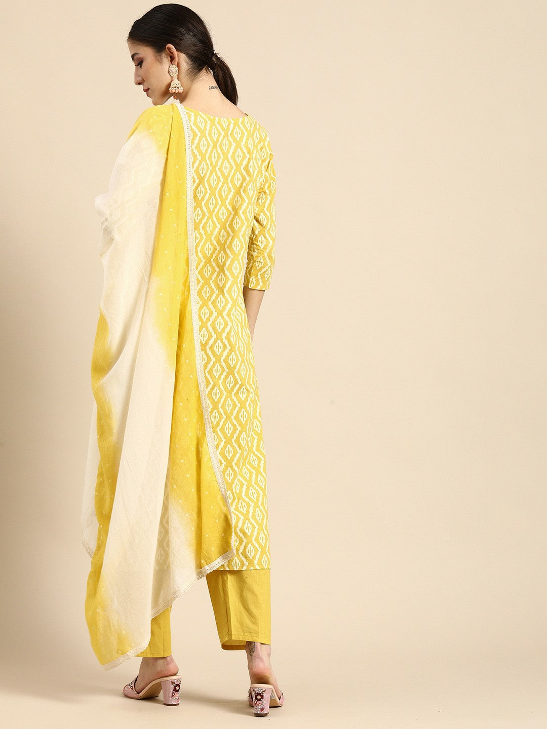 Women’s Yellow Ethnic Motifs Embroidered Pure Cotton Kurta Set with Salwar & Dupatta - Indiaista