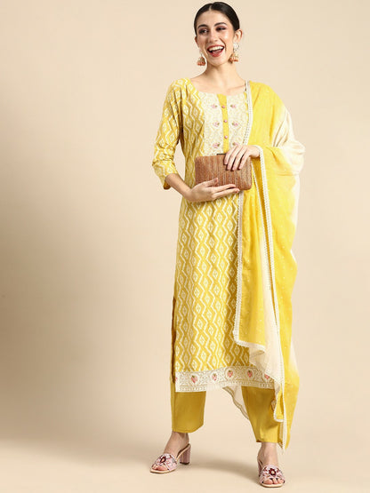 Women’s Yellow Ethnic Motifs Embroidered Pure Cotton Kurta Set with Salwar & Dupatta - Indiaista