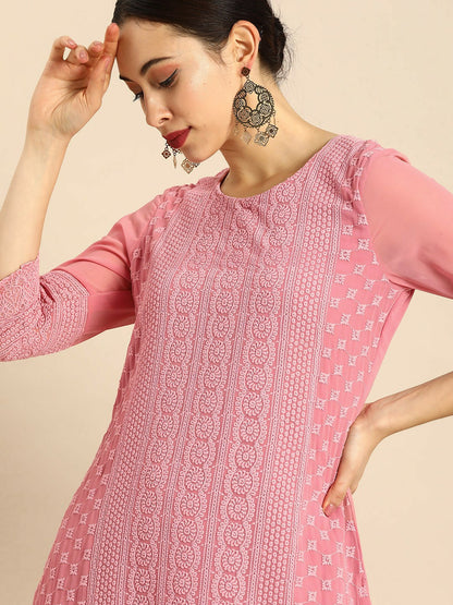 Women’s Pink Chikankari Embroidered Kurta Set with Palazzos – Elegant Ethnic Wear | Indiaista