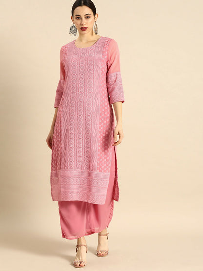 Women’s Pink Chikankari Embroidered Kurta Set with Palazzos – Elegant Ethnic Wear | Indiaista