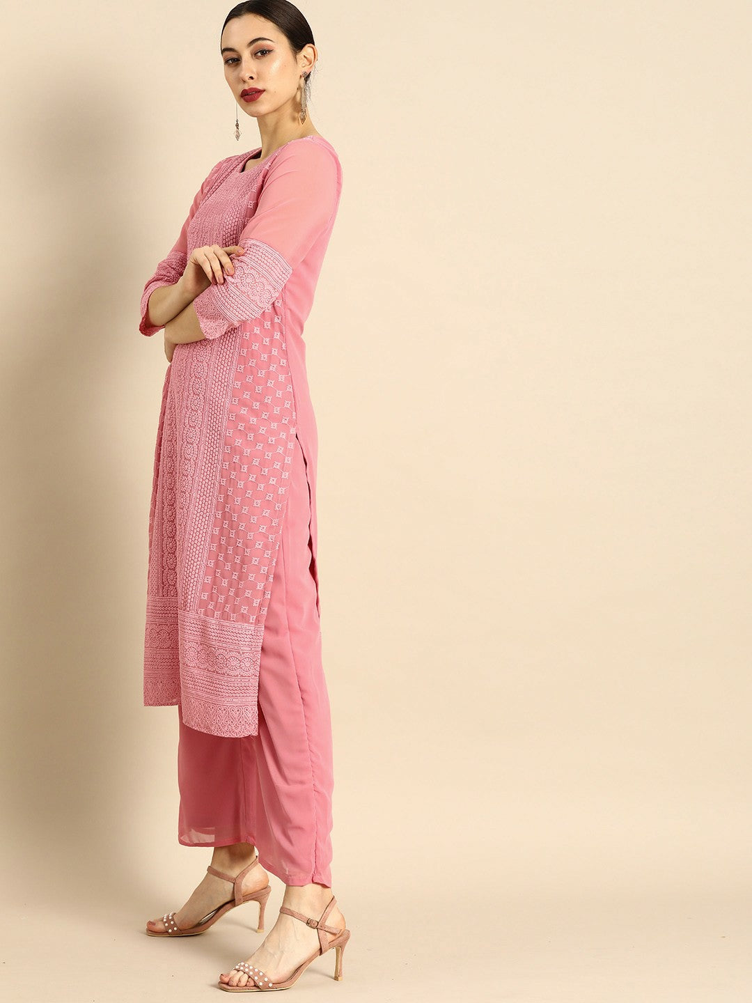 Women’s Pink Chikankari Embroidered Kurta Set with Palazzos – Elegant Ethnic Wear | Indiaista