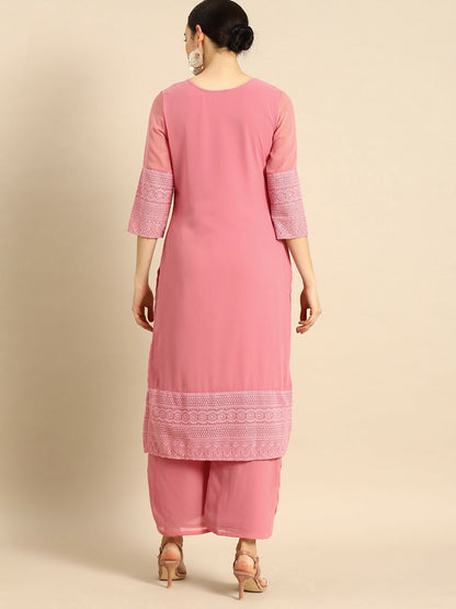 Women’s Pink Chikankari Embroidered Kurta Set with Palazzos – Elegant Ethnic Wear | Indiaista