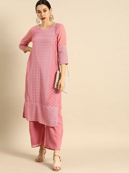 Women’s Pink Chikankari Embroidered Kurta Set with Palazzos – Elegant Ethnic Wear | Indiaista