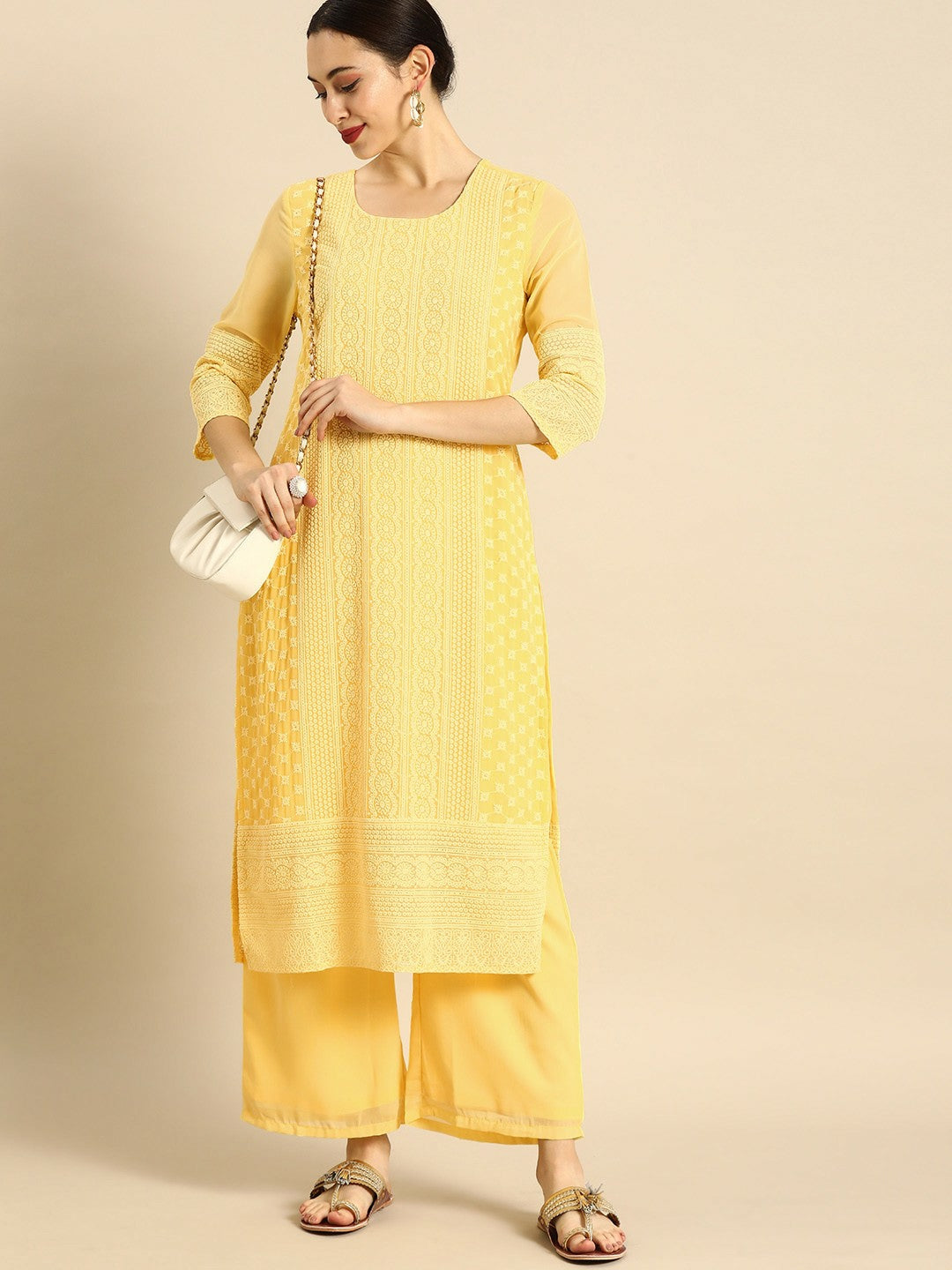 Women’s Yellow Chikankari Embroidered Kurta Set with Palazzos – Elegant Ethnic Wear | Indiaista