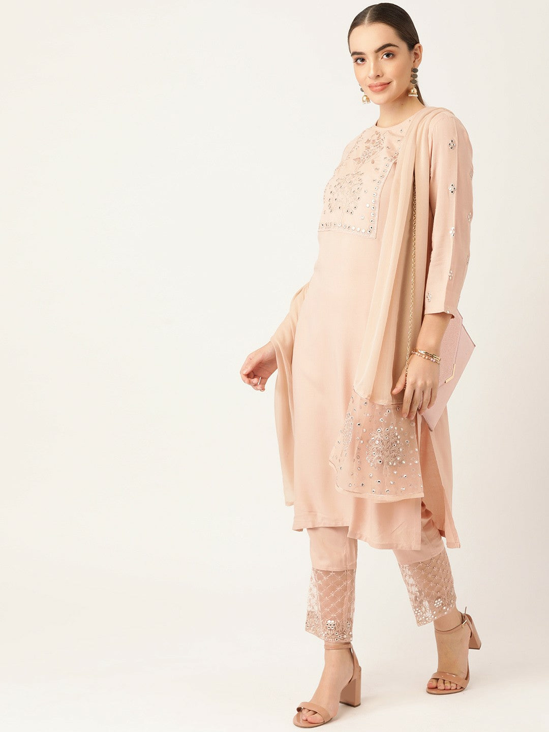 Women Peach-Coloured Yoke Design Mirror-Work Kurta Set with Palazzos & Dupatta | Indiaista