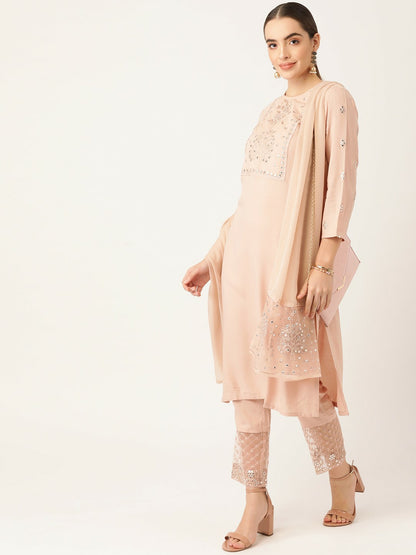 Women Peach-Coloured Yoke Design Mirror-Work Kurta Set with Palazzos & Dupatta | Indiaista