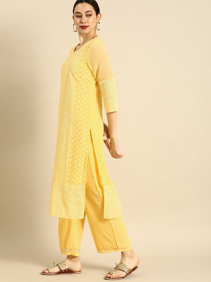 Women’s Yellow Chikankari Embroidered Kurta Set with Palazzos – Elegant Ethnic Wear | Indiaista